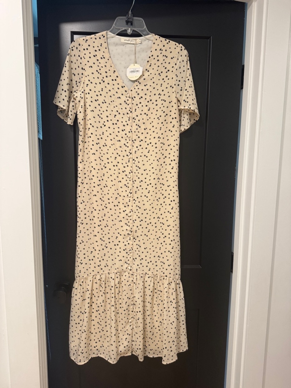Beige Polka Dot Button-Front Midi Dress